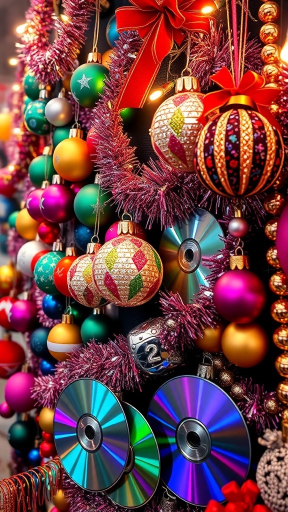 Y2K themed Christmas decorations with colorful ornaments, garlands, and string lights.